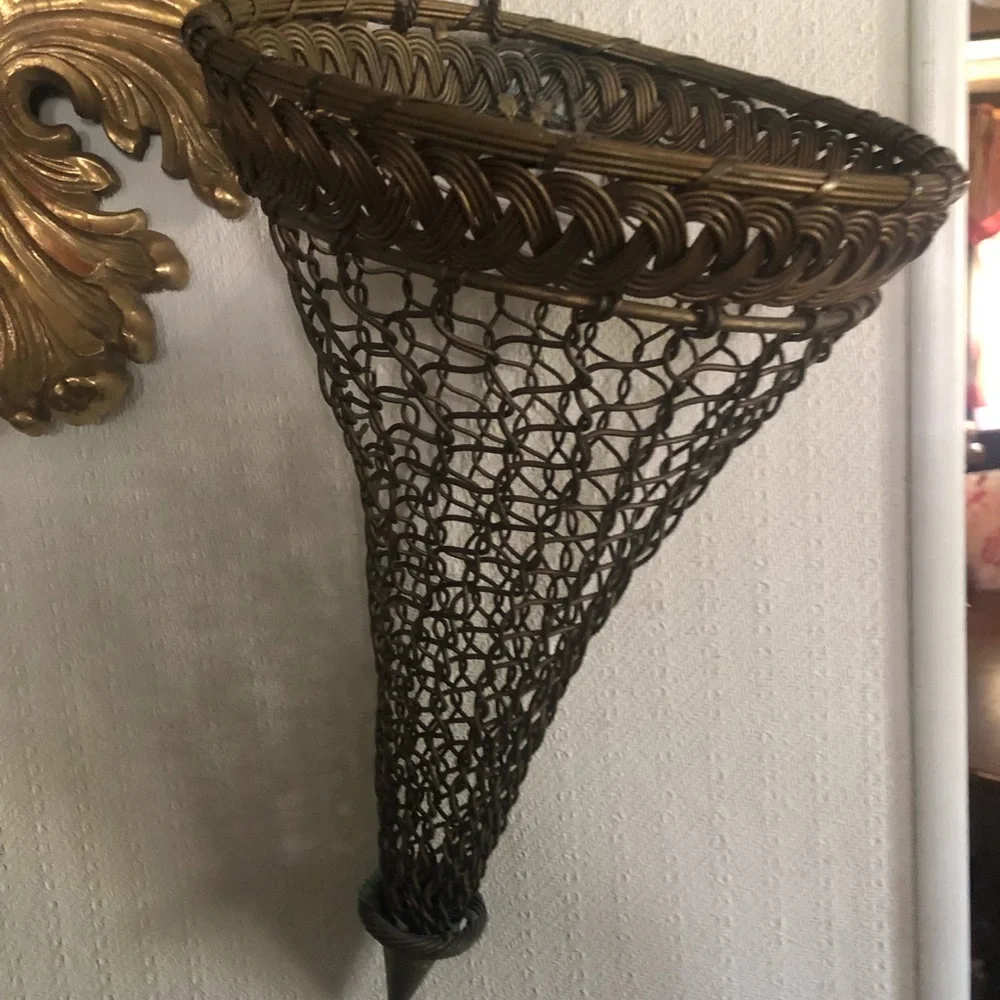 Antique French Brass Woven Chainmail-Style Wall Pocket Hanging Vase